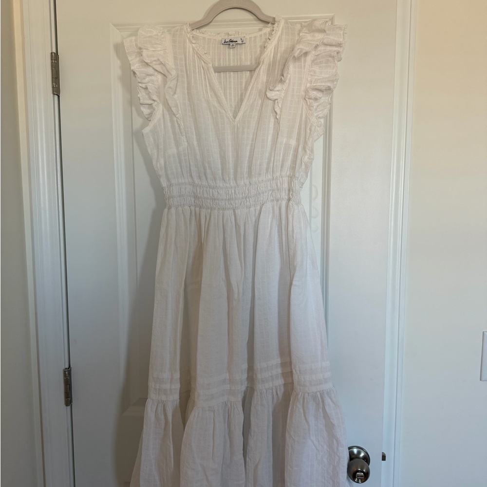 Sam Edelman White Midi Dress with Ruffled Sleeves